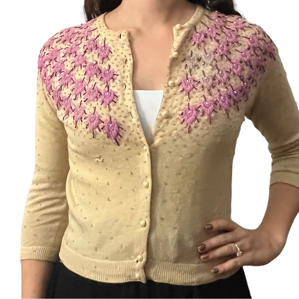 Stunning 1950’s Highly Detailed Hand Beaded Cardigan, Sweater Girl Knit Top